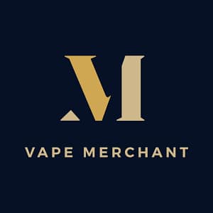 Vape Merchant logo featuring gold letters VM in serif font on navy blue background