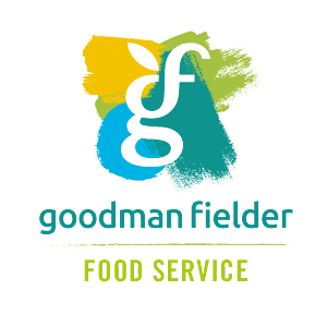 Goodman Fielder Food Service logo with colorful brushstroke design and white 'gf' letters on artistic background
