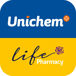 Unichem Life Pharmacy logo with blue and yellow background split design