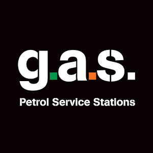 g.a.s. Petrol Service Stations logo with white text on black background and colored dots
