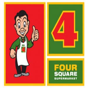 Four Square Supermarket logo with cartoon mascot giving thumbs up and green number 4 sign