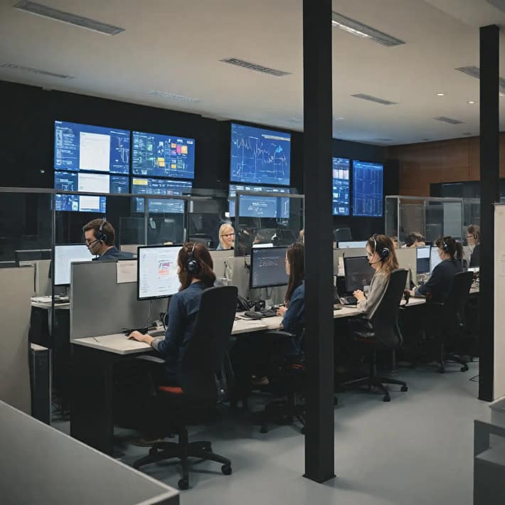 Modern call center office with employees wearing headsets working at computer workstations with data dashboards